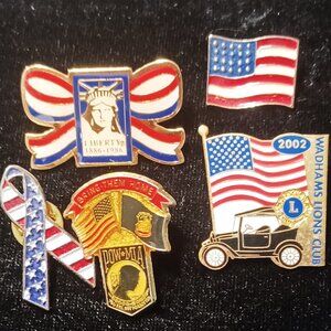 Vintage Patriotic Enamel Lapel Pins Lot Amer. Flag, POW,  Statue of Liberty 1886